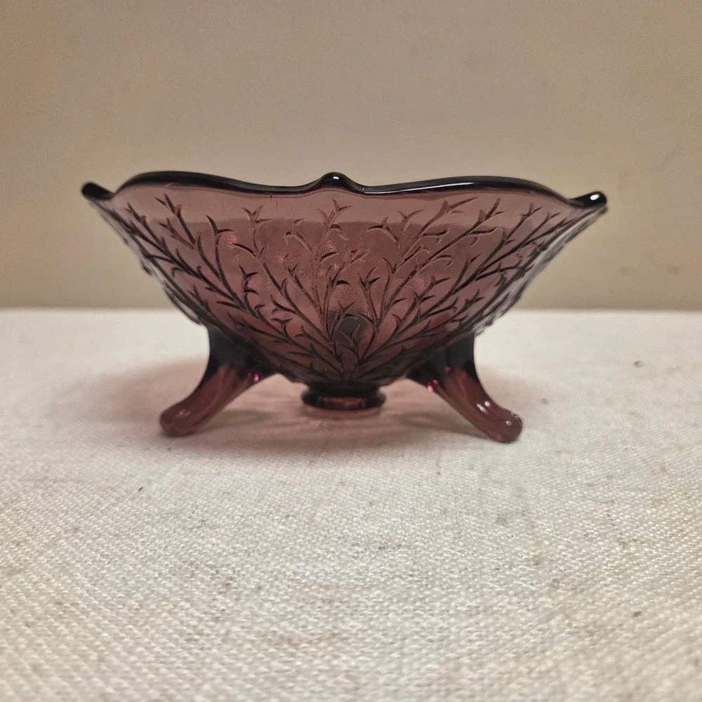 Fenton Amethyst Purple Glass Footed Nut Bowl Scalloped Etched Branch Candy Dish